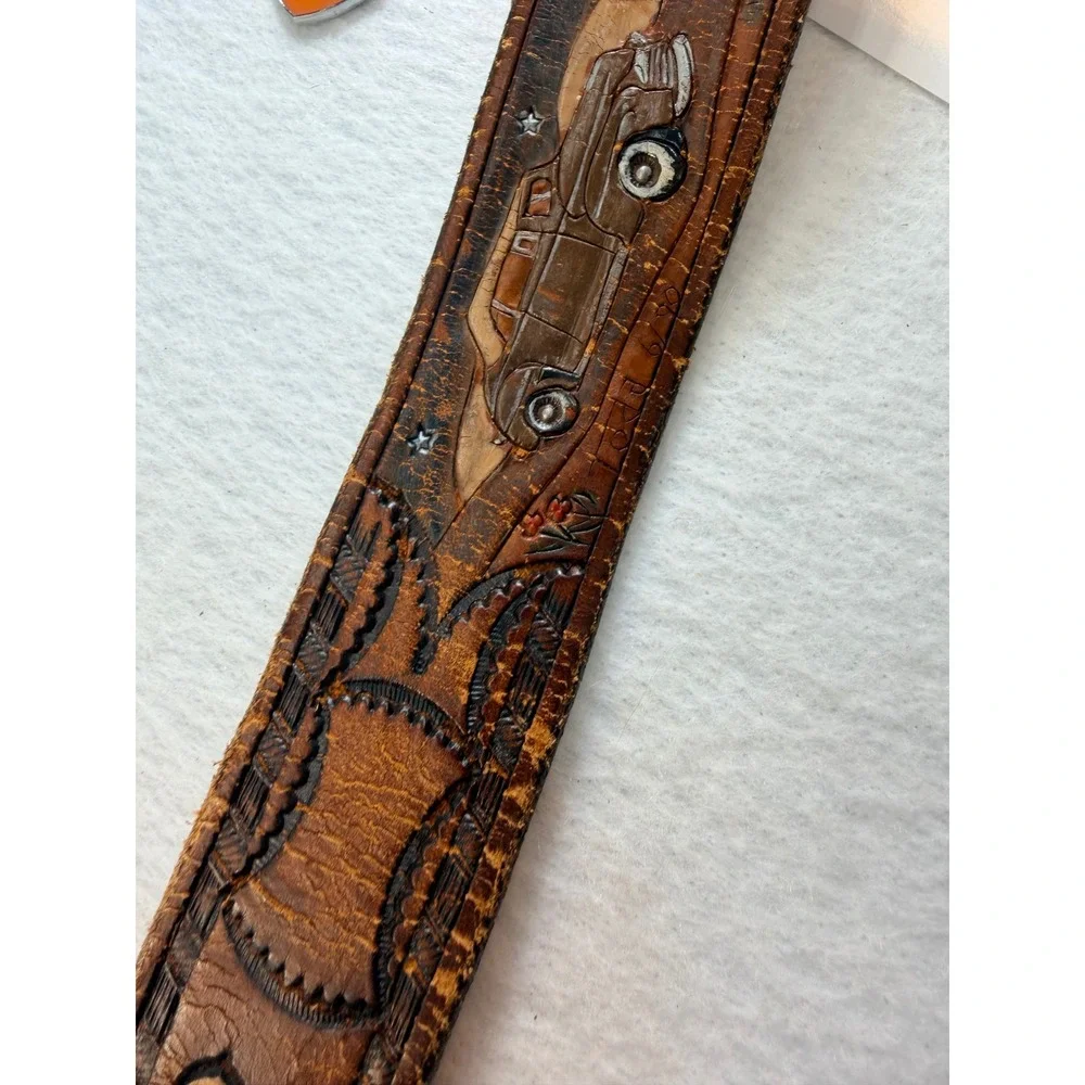 Vintage Hand Tooled Leather Belt Classic Cars Painted Personalize BOB Brown 1990